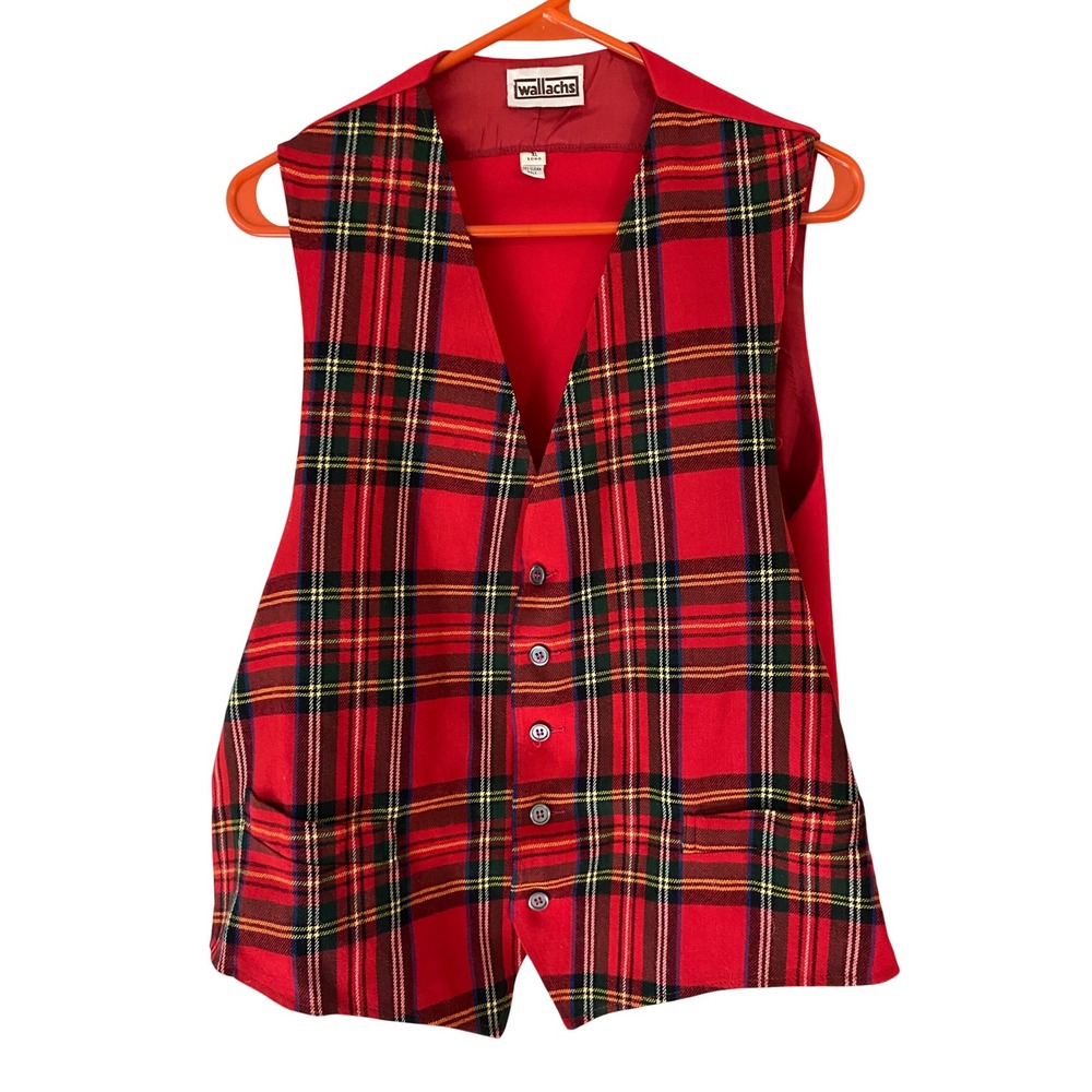 Wallachs Plaid Vest Men XL Long Red Vtg Tartan Button Front Waistcoat Holiday